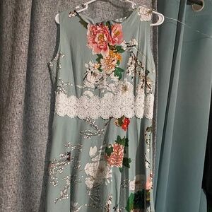 Floral Teal Dress with Lace Waistline